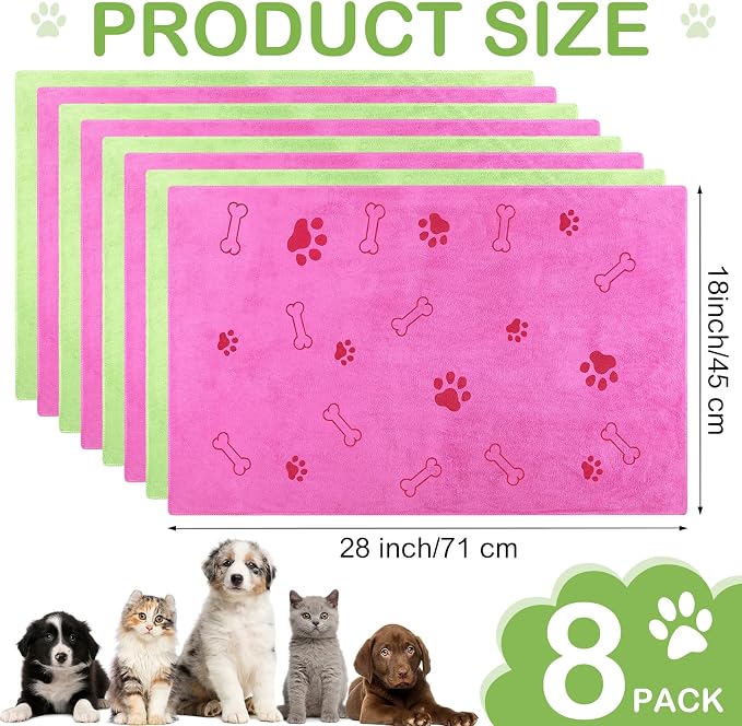 Chumia 8 Pcs Microfiber Dog Towels for Drying Dogs Cats 40 x 24 Inch Pet Towels Bulk for Large Puppy Absorbent Fast Drying Paw Bath Bathing Supplies for Pets(Dog Paw and Bone,Hot Pink,Green) - Image 2