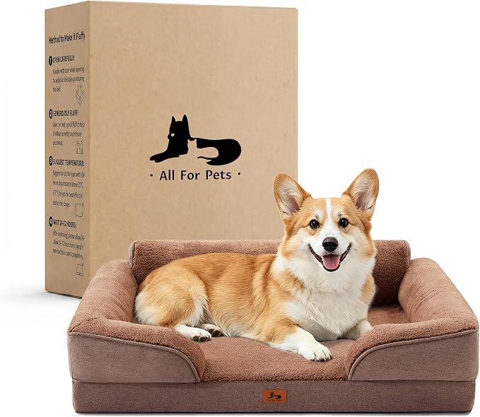 Orthopedic Dog Beds for Medium Size Dogs, Waterproof Egg-Crate Foam Pet Couch Bed with Soft Sides, Non-Slip Dog Sofa with Fleece Removable Washable Cover, 28" L Supportive Pet Sofa, Brown by WARMREST