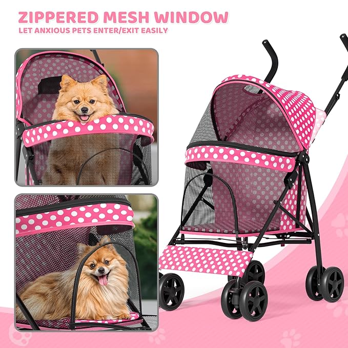 Magshion Compact Pet Stroller for Small-Medium Dogs/Cats up to 22lbs, 4-Wheel Lightweight Umbrella Shaped Portable Puppy Travel Jogger with Breathable Mesh, Cup Holder & Rear Storage, Pink Polka Dots