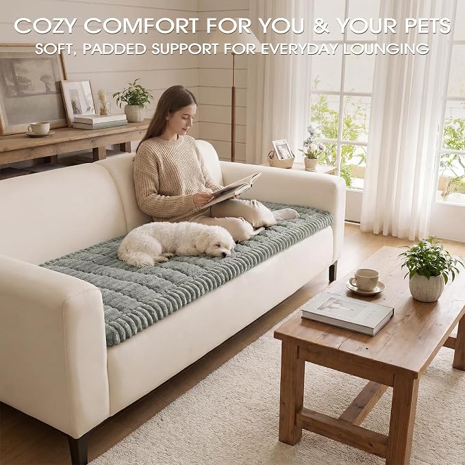 Non-Slip Washable Couch Cover for Dogs, Soft Thick Ribbed Flannel | 27.6"x70.9", Light Gray, 0.8" Thick, Rubber Dot Backing, Pet-Friendly Protector for Sofa, Floor, Window Seat, Car or Camping - Image 2