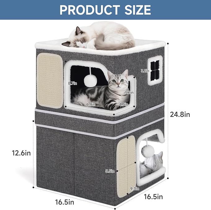 Double Cat Beds for Indoor Cats, 2-Storey Cat House with Large Cozy Hideaways, Dual Purpose Cat Cave Cube with Scratch Pads, Fluffy Balls, Foldable Indoor Cat Houses for Multi Small Pets Kitten, Grey - Image 2