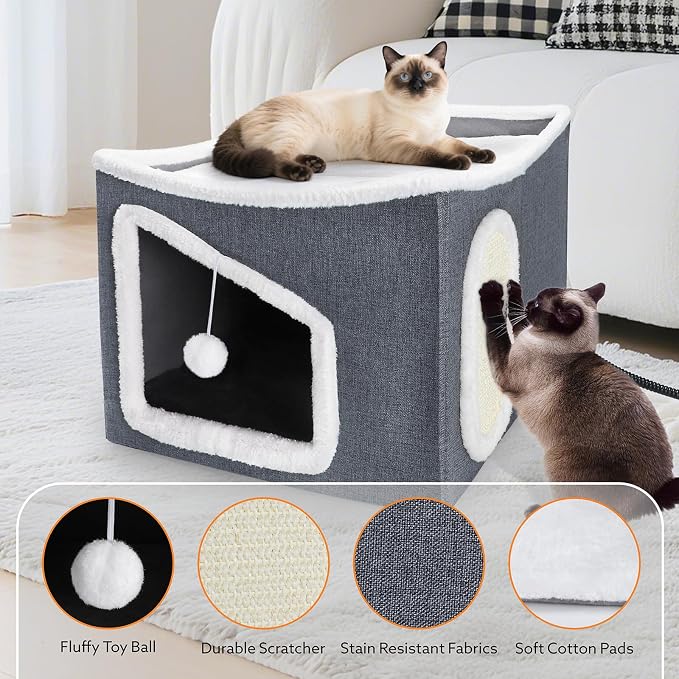 Tovve Heated Cat House for Indoor, Large Cat Bed with Heating Pad, Adjustable Temperature & Timing, with Fluffy Ball Hanging and Scratch Pad, Foldable Pet Hideaway for Small Medium and Large Cats（XL） - Image 3