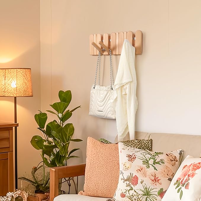 Wooden Boho Wall Mount Coat Rack 6 Hooks 16.8'' | Entryway Hanger with Magnetic Foldable Hooks Mounted, Space Saving for Hanging Jacket Bag for Apartments & Modern Homes - Image 5