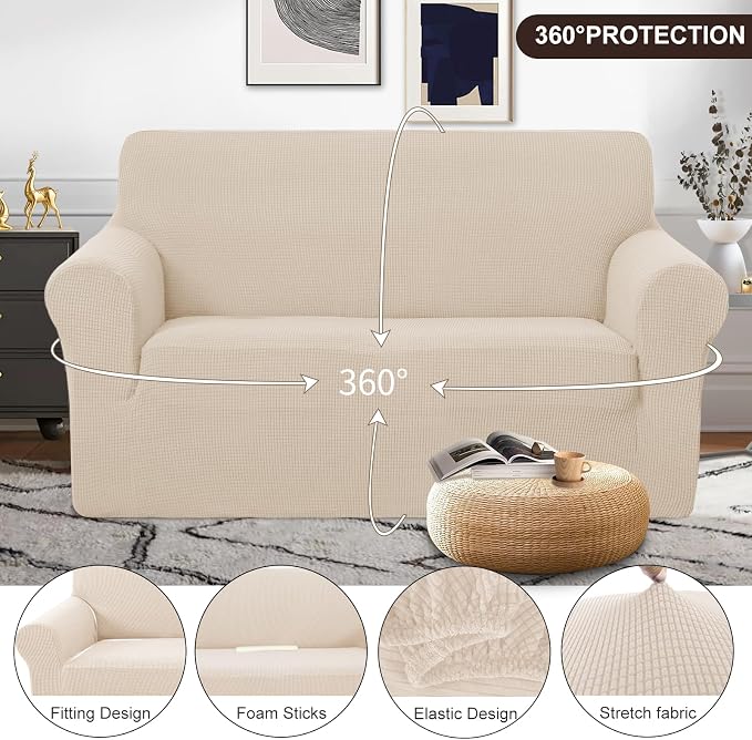 U-NICE HOME Loveseat Cover Stretch Couch Cover Sofa Slipcover, Beige | 2 Cushion Sofa, 1-Piece Sofa cover, Washable, Pet friendly, Furniture protector, Polyester Spandex Jacquard fabric - Image 3