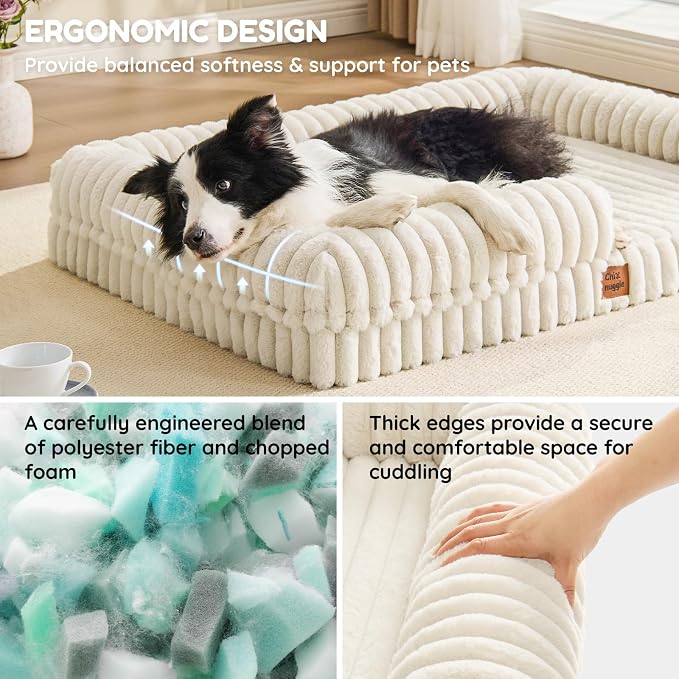 ChiXnuggle Faux Fur Orthopedic Dog Bolster Bed, Waterproof Washable Cover | rectangular dog sofa couch,egg crate foam,non-slip bottom,for extra large dogs,cream,41*30*7 - Image 2