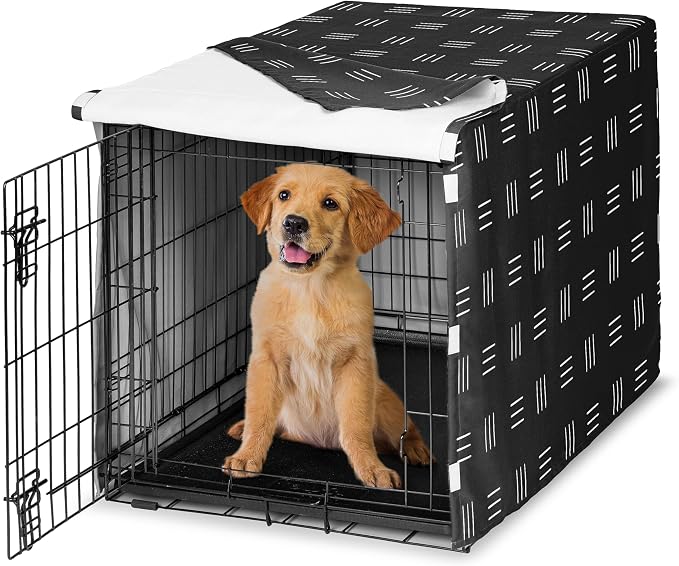 Sweet Jojo Designs 36in. Medium Dog Crate Cover (Black and White Boho) Pet Cage, Kennel Covers (Mudcloth, Black & White, Bohemian, Modern, Minimalist, Southwest, Mud Cloth, Hatch, Neutral Triple Line) by SweetJojoDesigns