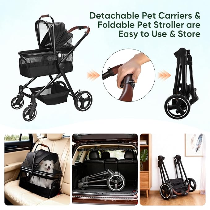 Foldable Dog Stroller, 3 in 1 Pet Stroller for Small Medium Dog Cat up to 50lbs, Detachble Portable Pet Bag, Storage Basket and One-Button Folding Frame