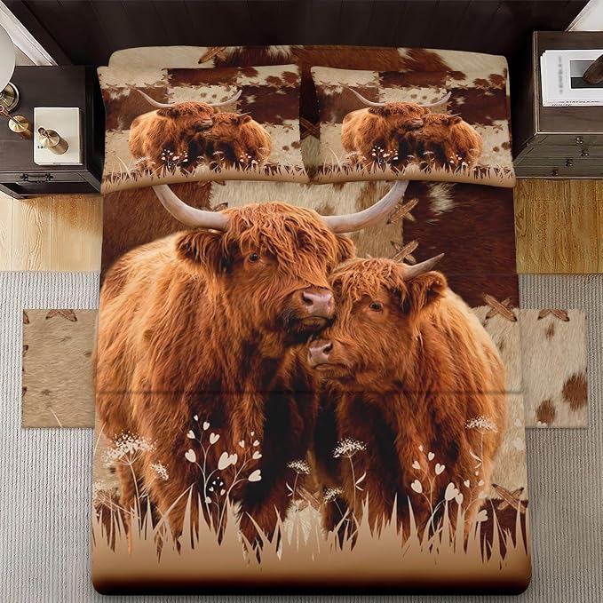 WeCozy Twin Size Bed Sheet Sets with Pillowcases, Highland Cow Animal Bull 3 Pcs Soft Microfiber Bedding for Kids and Adults, Farm Flat, Fitted Sheet for Bedroom Bed Decor - Image 3