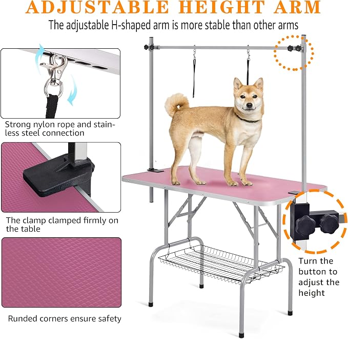Professional Dog Pet Grooming Table Adjustable Heavy Duty Portable w/Arm & Noose & Mesh Tray (Pink, 36") - Image 3