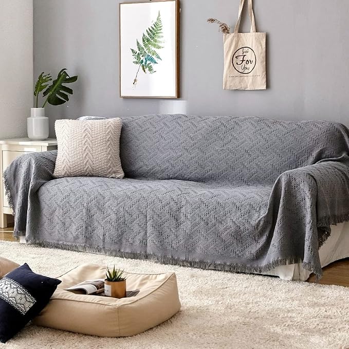 Homcosan Sofa Slipcovers Towel Cover Cotton Knit Geometrical Couch Cover for 4 Seat Cushion Couch Furniture Pet Protector Stylish Throws for Sectional Couch(Grey, Sofa-4 Seater) - Image 2