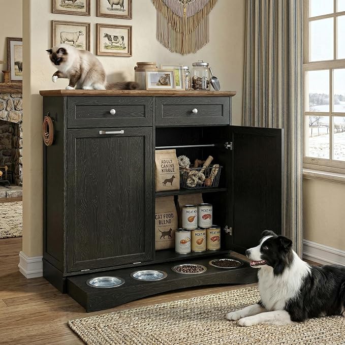 Furnaza Pet Feeding Station with 4 Bowls,Dual Doors Dog Cabinet Storage | Black 39.7"W Dual Doors Pet feeding station with storage for dogs and cats, Pet Food Storage for Kitchen, Living Room - Image 4