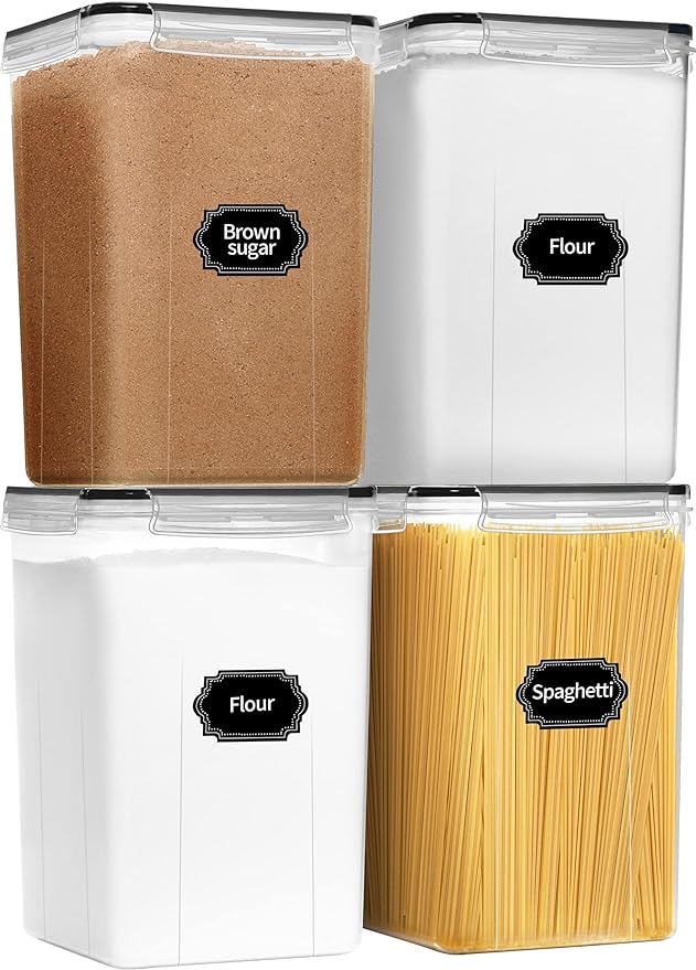 4pcs Large Tall Airtight Food Storage Containers with Lids - 6.5L / 5.9qt | Pantry Kitchen Organizers and Storage, Airtight Food Canisters with Lids for Kitchen, Pantry Organization, BPA Free, Black by PRAKI