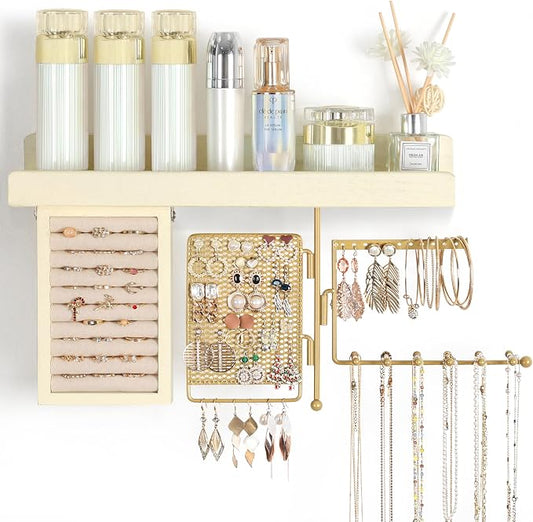 SOLIMINTR Hanging Jewelry Organizer Wall Mount with Rustic Wood Shelf, Ring Display Box, Ear Studs Earring Holder, Rotating Necklace Holder Organizer Gold by SOLIMINTR