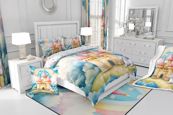 Manfei Cartoon Castle Comforter Set King Size,Lovely Unicorn Dreamy Rianbow Sky Watercolor Bedding Set for Adults Room,Fantasy Princess Style Fairy Tale Down Comforter,3 Pcs 2 Pillowcases - Image 6