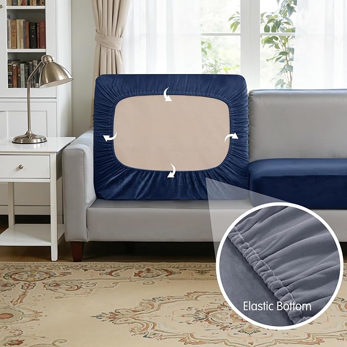 Hokway Velvet Couch Cushion Covers Water Resistant Seat Covers Stretch Sofa Cushion Protector(3 Cushion XL-Sofa, Navy) - Image 4