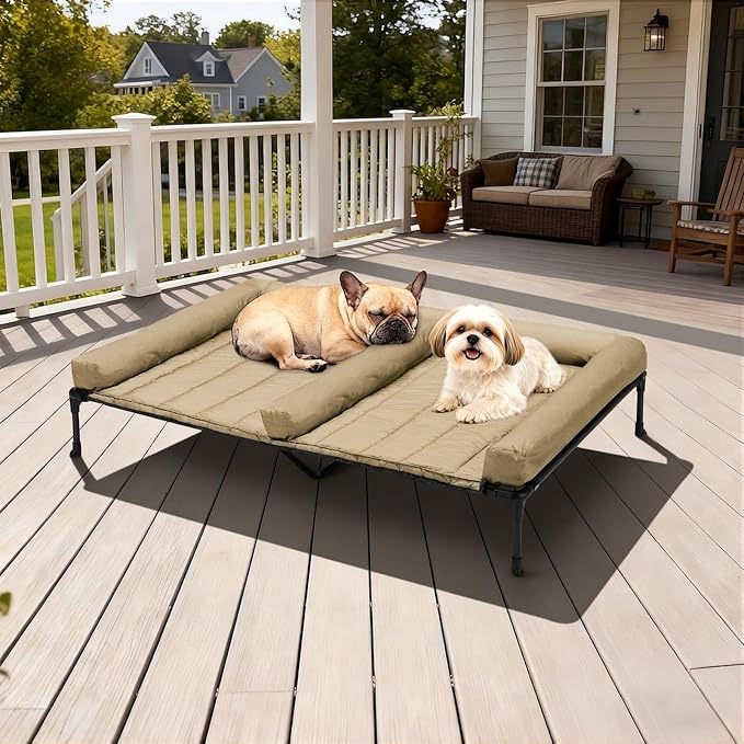 Veehoo Elevated Dog Bed for Two Dogs, Cooling Raised Dog Bed with Removable Waterproof Bolster Mat, 49" x 33" Double Dog Bed, Outdoor & Indoor Pet Cot with Breathable Mesh, Non-Slip Feet, Beige - Image 7