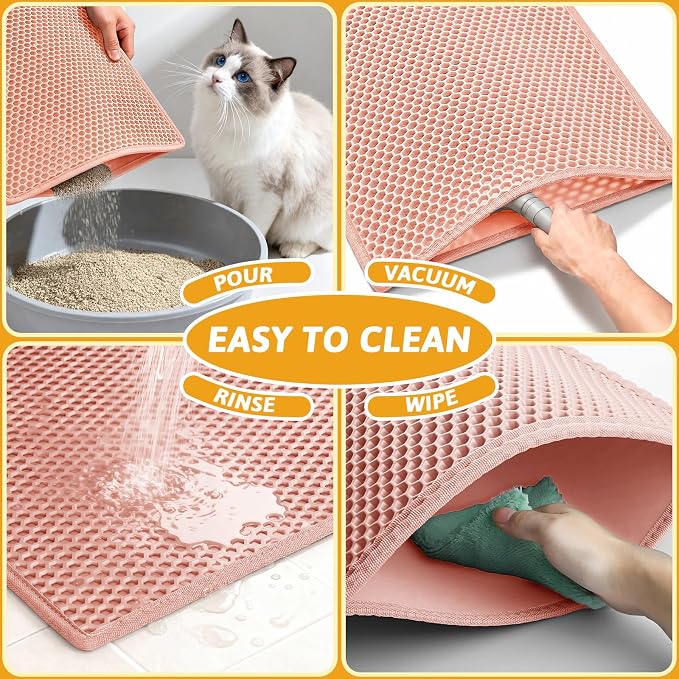 Pieviev Cat Litter Mat, Double-Layer Waterproof Design, 24" x 15" Coral Red | Honeycomb Litter Box Mat Catches Scattered Particles to Stop Tracking, Urineproof Base protects Floors, Easy to Clean - Image 6