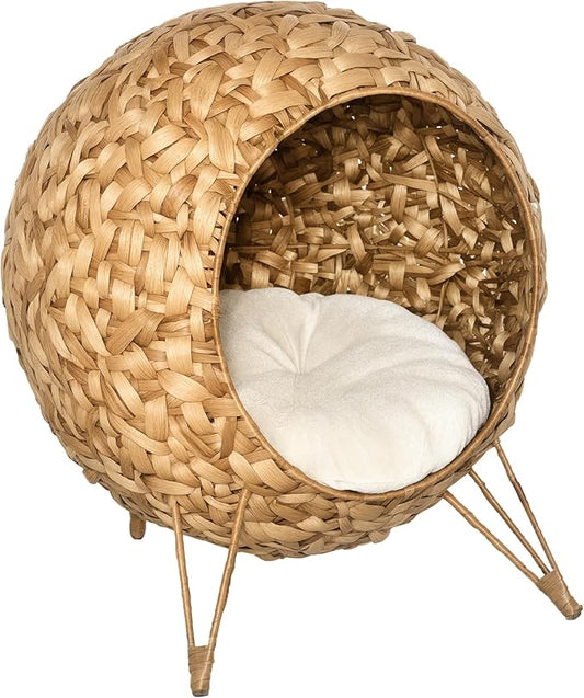 PawHut 20.5" Weaved Cat Bed, Elevated Hand-Woven Braided Banana Leaf Kitten House Condo with Cushion, Natural | Elevated Hand-woven Braided Banana Leaf Kitten House Condo by PawHut