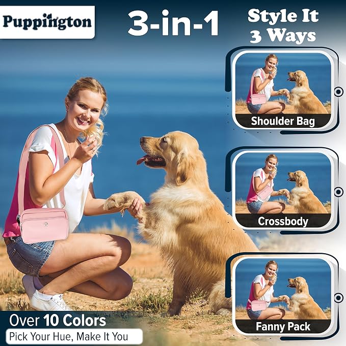 Puppington 3-in-1 Crossbody Dog Walking Bag & Treat Pouch with Matching Planet Safe Poop Bags & Built-In Dispenser - Zippered Pockets (Blush Pink) - Image 2