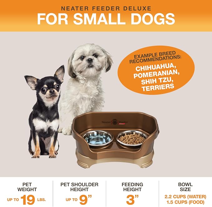 Neater Pet Brands Neater Feeder Deluxe Mess Proof Dog Bowls Elevated for Small Dogs Under 19 lbs, Made in USA, No Spill Raised Dog Food Bowl Stand Feeding Station, Food and Water Bowl Set, Bronze - Image 2
