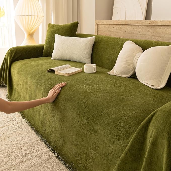 Green Boho Couch Covers for Sofa Washable for 3 Cushion Couch,71''X150'' | Chenille Furniture Protector Sofa Couch Cover for Dogs, Soft Breathable Sofa Slipcover, Couch Throw Blankets with Tassels - Image 8