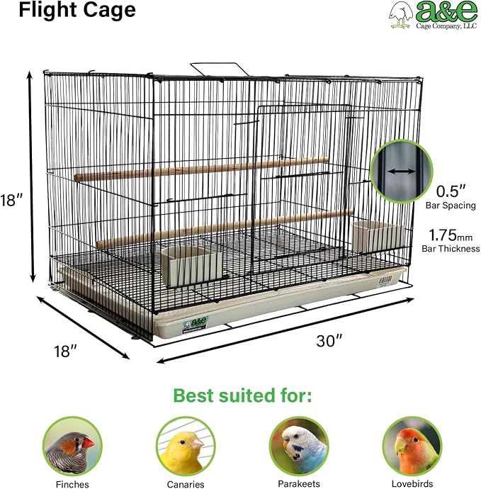 A&E Cage Co 504 Flight Bird Cage for Finches & Parakeets, 30"x18"x18" Black | 2 Slide-Up Feeder Doors, Wood Perch, Slide-Out Cleaning Tray, Carry Handle, Roomy Flight Space for Canaries - Image 2