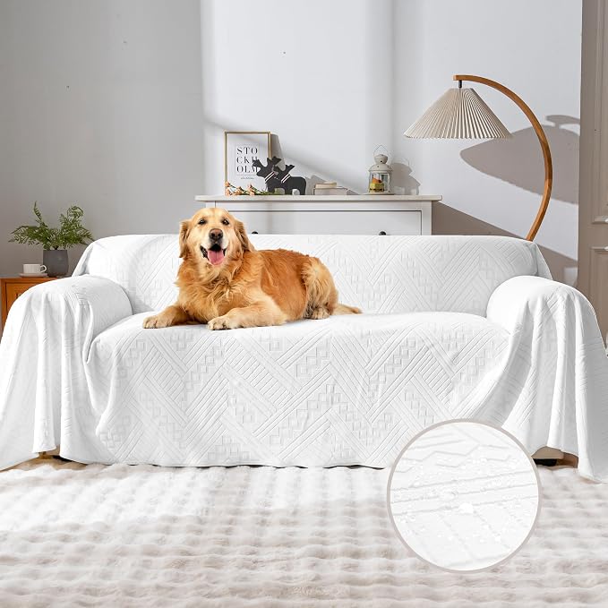 Waterproof Couch Cover for Sofa, Reversible Sofa Slipcovers for Dogs and Cats, Pet-Friendly, Anti-Slip and Washable, with 3 Cushions (71×134in, White) by YUEANG