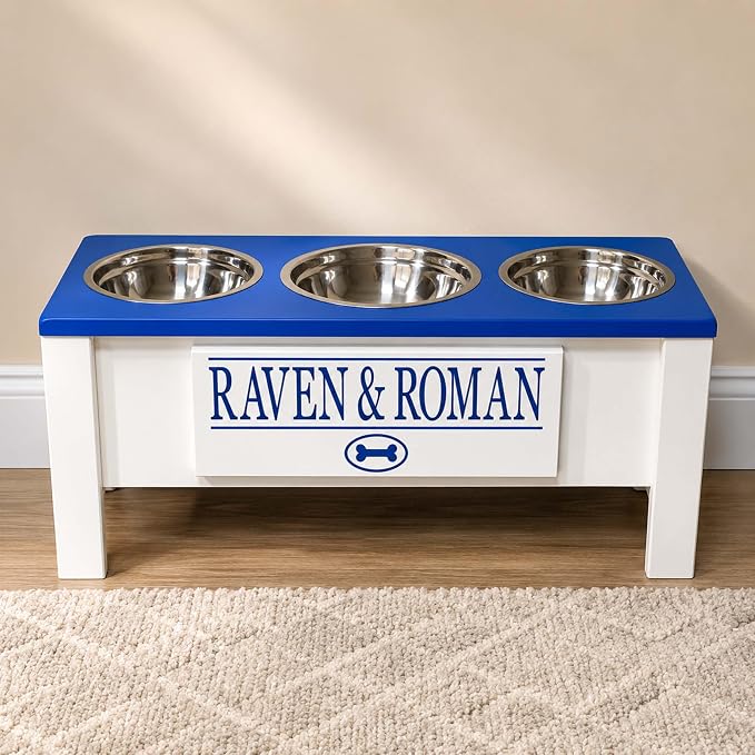 3 Bowl Dog Feeding Station, Personalized Triple Bowl Food Stand Large Dogs | Farmhouse Style, Elevated Wood Stand, Storage Container, Stainless Steel Bowls, Raised Feeder, Large Breed, Made in USA - Image 3