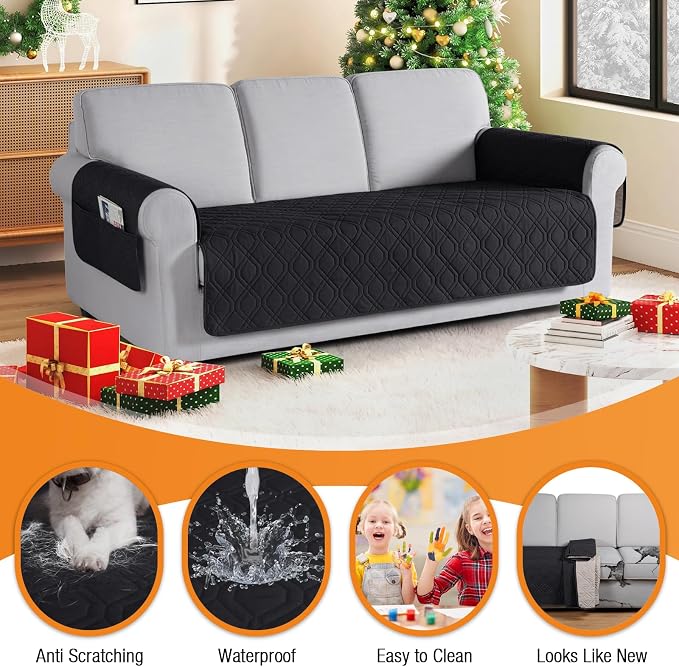 VANSOFY Waterproof Couch Cover for Pets, Black, 72.4" | Non-Slip, Washable, Utility Pockets, Pet Friendly, Furniture Protector Slipcover for 3 Cushion Plus Couch - Image 4
