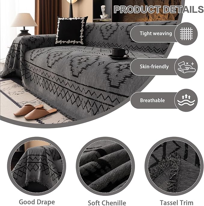 DREAMINGO Boho Couch Cover Sofa Covers for 3 Cushion Couch Jacquard Chenille Couch Cover Blanket Living Room Pet Furniture Protector Sectional Couch Covers for Dogs Washable, Grey, 71"x150" - Image 3