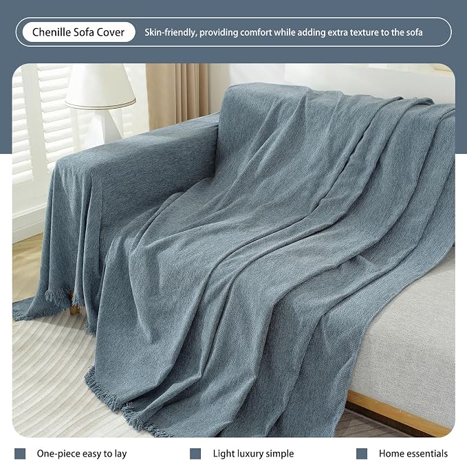 DREAMINGO Modern Minimalism Grayish Blue Couch Cover Sectional Sofa Covers for 3 Cushion Couch Washable Chenille Pet Couch Protector for Dogs Boho Herringbone Sofa Furniture Slipcover, 71"x150" - Image 5