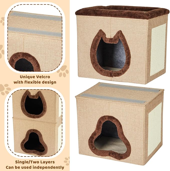 2-Tier Cat House for Indoor Cats Bed, Covered Cat Beds with Hideaway Cave and Scratch Pad, Foldable Modern Cat House for Multi Small Pet Large Kitten Kitty - Image 5
