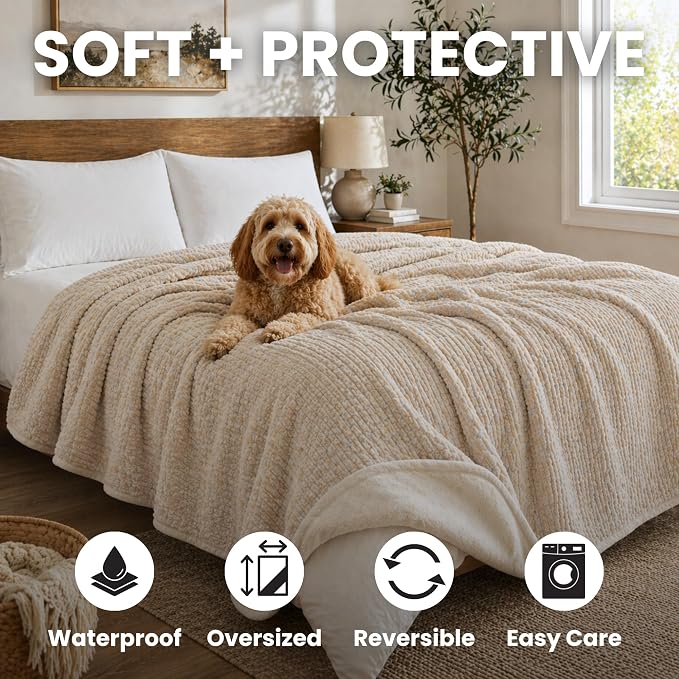 Waterproof Dog Blanket for Cats & Dogs, Washable Couch Cover, Reversible Furniture Protector Blanket, Large Soft Sherpa Fleece, Couch Protector, Pet Throw Blankets, 60" x 70" - Image 2