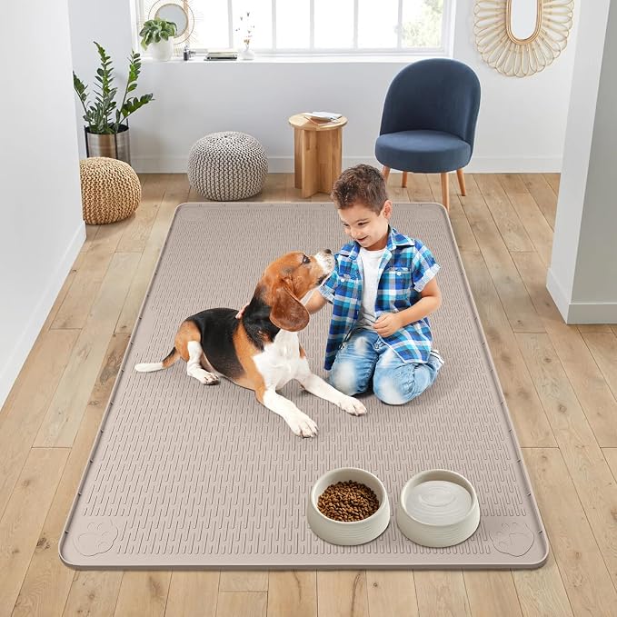 Dog Food Mat 50''x35'' Extra Large Dog Mat for Food and Water, Khaki | Silicone Dog Bowl Mat with Raised Edge, Waterproof Non-Slip Pet Feeding Mat for Floors, fit for Dog Cat Bowls - Image 6