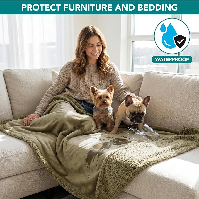 PetAmi Waterproof Dog Blanket for Couch, Large 60x40, Pee Proof Sherpa Fleece Reversible Pet Throw, Furniture Protector for Bed Sofa Kennel, Soft Washable Cover for Medium Dogs Cats, Taupe Sherpa - Image 2