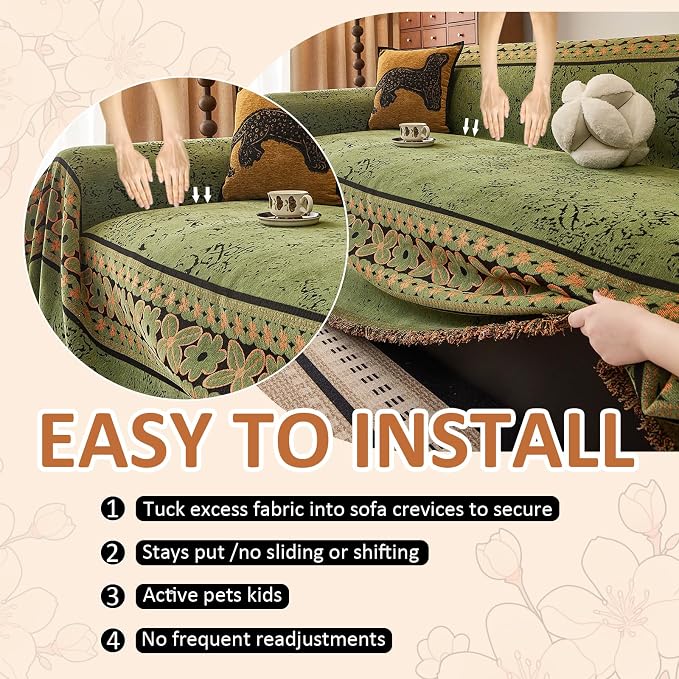 STACYPIK Vintage Floral Green Sofa Covers for Pets, Aesthetic Jacquard Couch Cover for 2 Cushion Couch Washable, Sectional Slipcover for Loveseat, L Shaped Couch Protector Blanket Living Room-71X118IN - Image 6