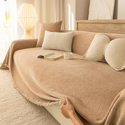 Brown Boho Couch Covers for Sofa Washable for 3 Cushion Couch,71''X134'' | Chenille Furniture Protector Sofa Couch Cover for Dogs, Soft Breathable Sofa Slipcover, Couch Throw Blankets with Tassels by ROOMLIFE
