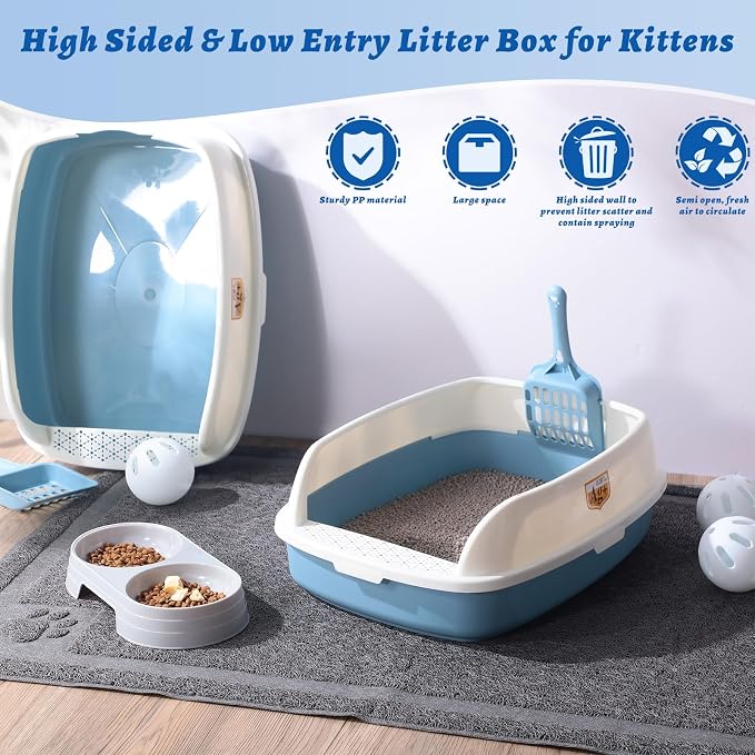Sliner 7 Pcs Kitten Litter Box Starter Kit, 2 Plastic Small Kitty Litter Box Training Low Entry with Scoop, 2 Double Cat Bowl and Mat for Kitten Indoor(Blue) - Image 4