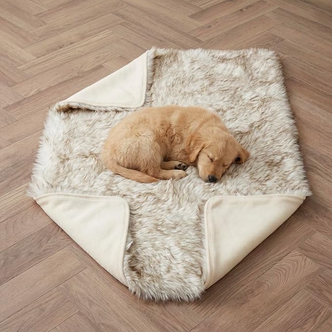 Faux Fur Dog Blanket, Waterproof Couch Cover, White w/ Brown Tips 40"x30" | Plush Sheepskin Style Pet Throw for Sofa, Bed, and Car, Washable Furniture Cover that Protects From Fur and Spills - Image 5