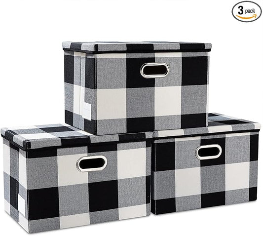 PRANDOM Large Collapsible Storage Bins with Lids [3-Pack] Fabric Foldable Storage Boxes Organizer Containers Baskets Cube with Cover for Home Bedroom Closet Office Black and White (17.7x11.8x11.8) by Prandom
