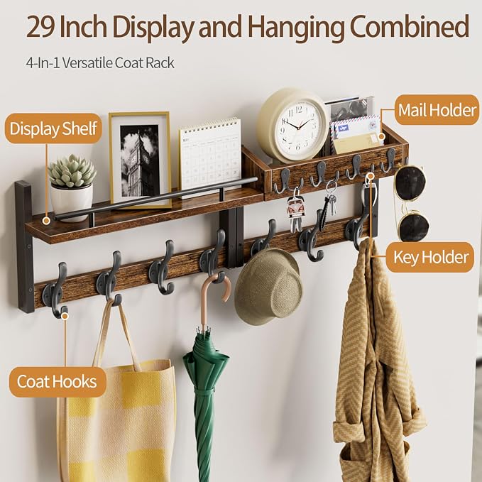 29 inch Coat Rack Wall Mount with Shelf, Entryway Wall Shelf with Hooks, Heavy Duty Coat Hanger Wall Mount with Key Holders and Mail Organizer for Living Room, Bedroom, Black & Brown - Image 3