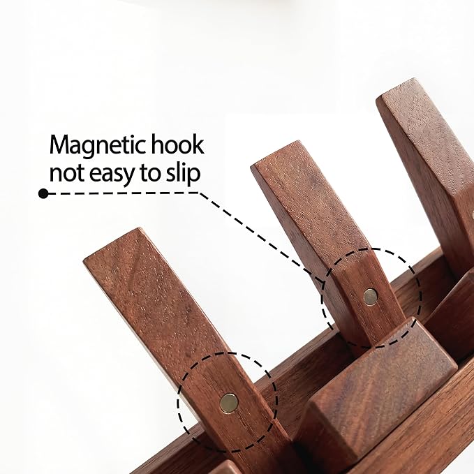 Mid Century Modern Wood Coat Rack Wall Mount with Shelf, 7 Hooks, Walnut | Wood and metal wall rack with fold-down piano-key hooks and display shelf organizes coats, bags, keys and decor up to 25 lb. - Image 3