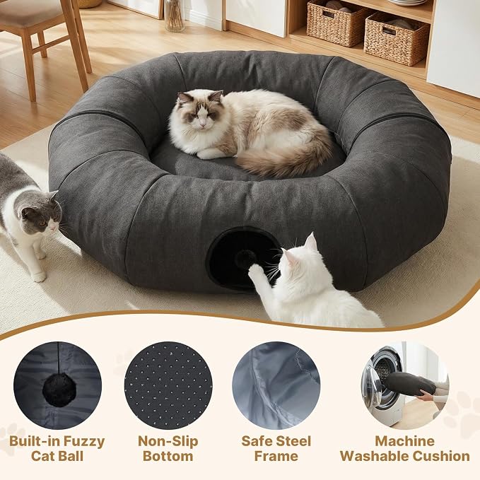 Extra Large Cat Tunnel, Cooling Natural Linen Big Tunnel for Large Cats, 47.2in Multi-Cat Family Long Cat Tunnel Bed with Washable Mat, Breathable & Durable Big Cat Tunnel for Cats, Dark Grey - Image 6