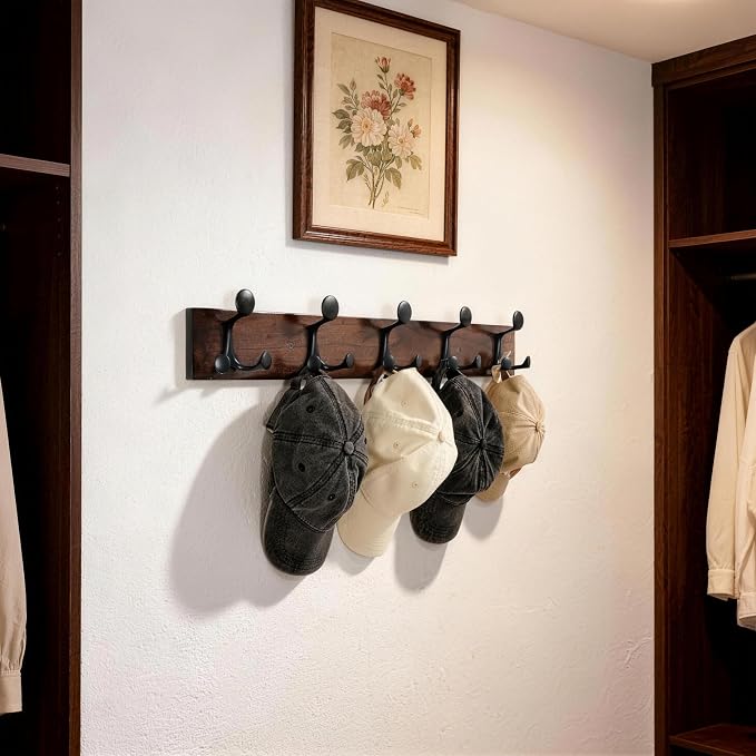 SKOLOO 24-Inch Walnut Wood Coat Rack Wall Mount with 5 Triple Hooks - Ideal for Family Entrances, Classrooms, and Pet Supplies Storage - Perfect Coat Hooks for Wall - Image 4