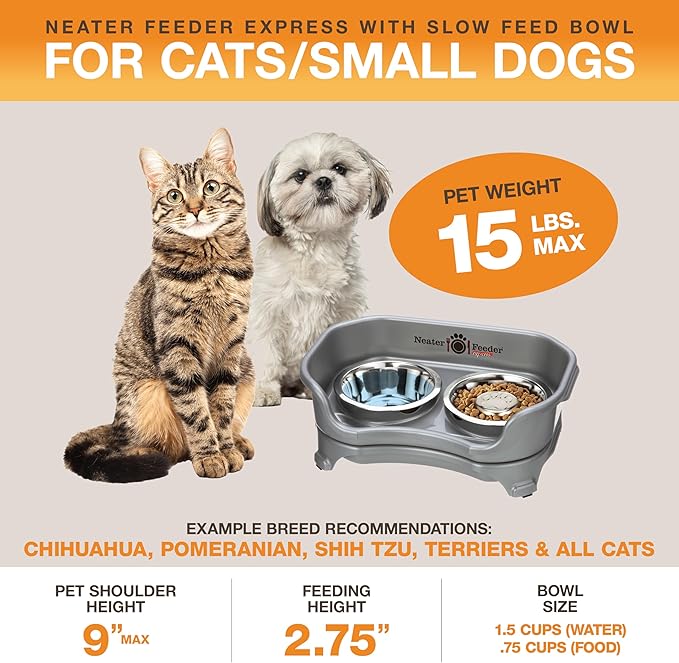 Neater Feeder Express Mess Proof Dog Bowls Elevated for Small Breed – Made in USA – No Spill Raised Slow Feeder Elevated Dog Bowl Stand, Stainless Steel Food and Water Bowl Set, Grey - Image 2
