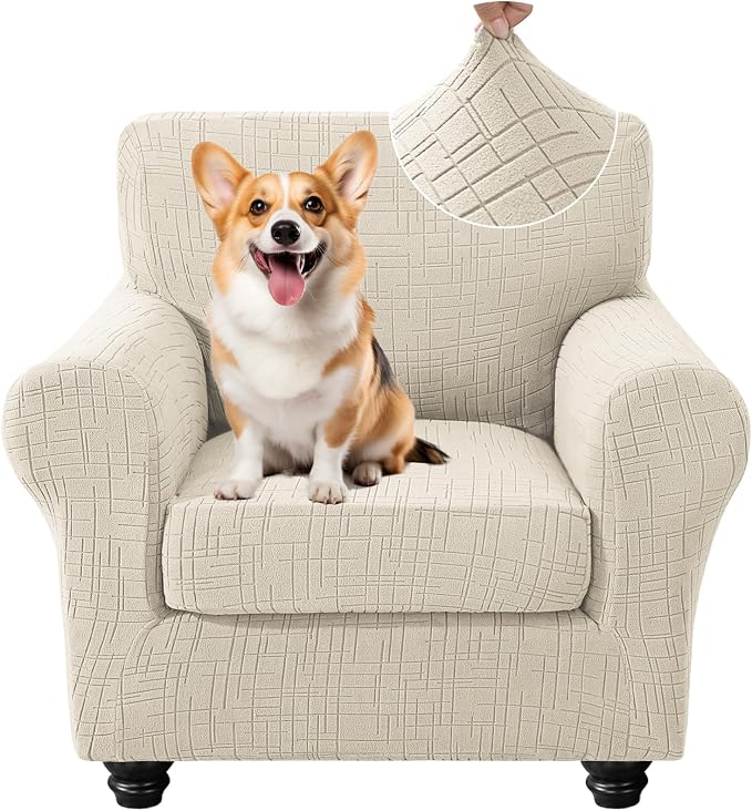CYCMCAO Stretch 2 Piece Armchair Covers, Non Slip Chair Covers Armchair, Sofa Covers for Pets Washable with Elastic Bottom, Couch Slipcover for Kids, Dogs (Beige), 31"-46" (1 Cushion) by CYCMACOHOME