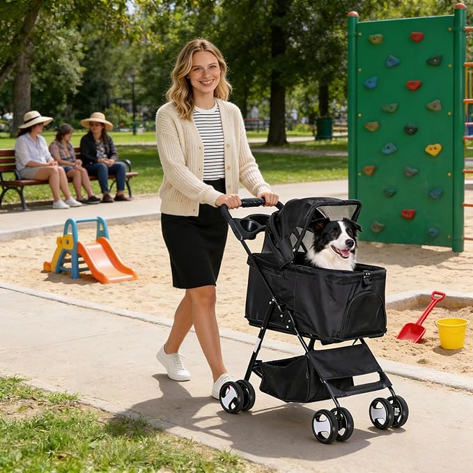 ZENY Pet Stroller, 3 in1 Foldable Dog Cat Jogger Stroller with 4 Wheels, Detachable Basket and Cup Holder, Travel Folding Carrier for Small/Medium Pet (Black)