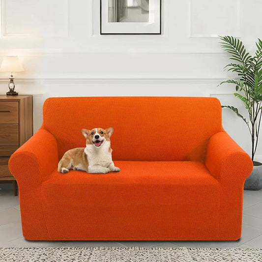 Stretch loveseat Covers Washable Sofa Slipcover, Orange | 1 Piece Couch Covers for Sofa Furniture Protector with Non Skid Foam and Elastic Bottom for Kids, Dogs by LuxshareHome
