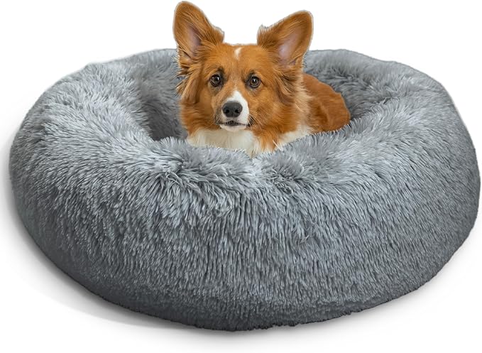 Best Friends by Sheri The Original Calming Donut Dog Bed for Medium Dogs up to 45 lbs, Shag Faux Fur, Gray, Medium, 30" x 30" by BestFriendsbySheri