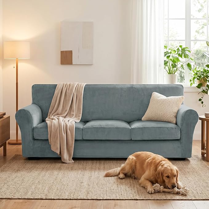 XINEAGE 4-Piece Velvet Sofa Cover,Couch Covers for Dog,Light Gray | 3 Cushion Sofa,Stretch Non-slip Elastic, Pet-friendly, Washable, Fast Setup, Soft Plush Fabric, Furniture Protector. - Image 4